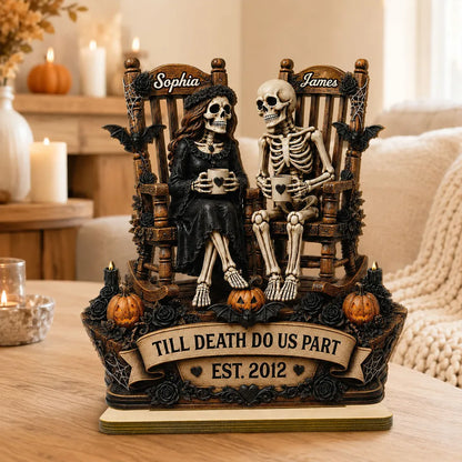 Custom skeleton couple wooden plaque with Till Death Do Us Part quote - personalized anniversary gift for couples