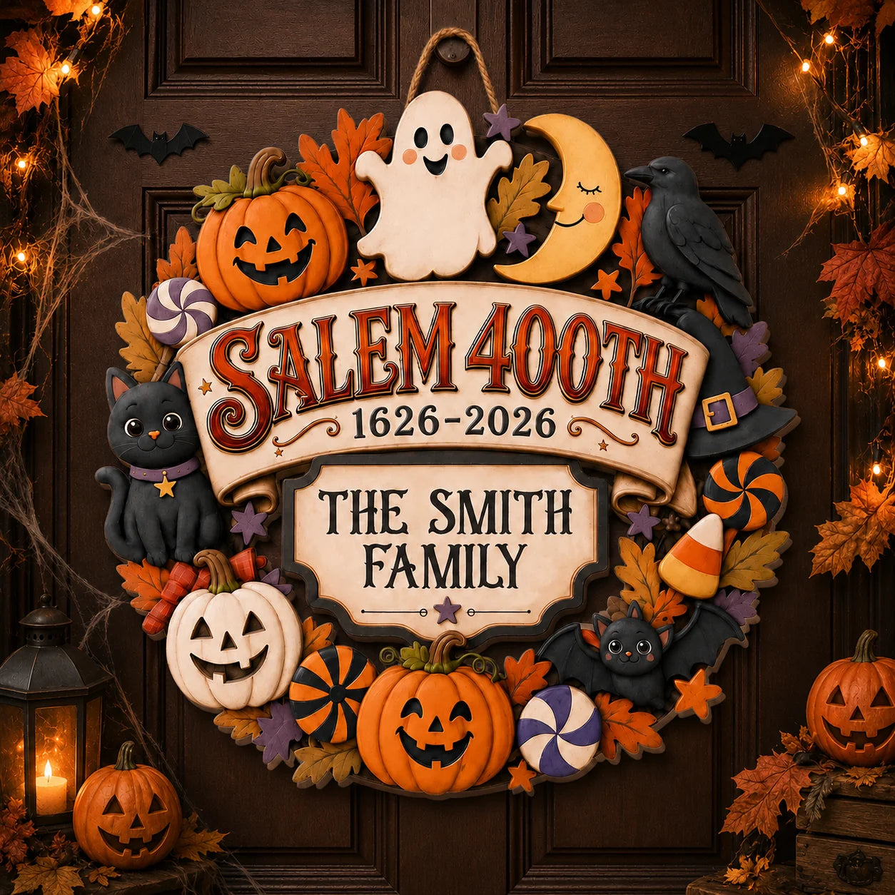 Salem 400th Anniversary Personalized Wood Sign - Custom Family Name Halloween Door Sign