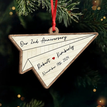 "Our Anniversary" Personalized Paper Airplane Wooden Ornament - Custom Couples Gift