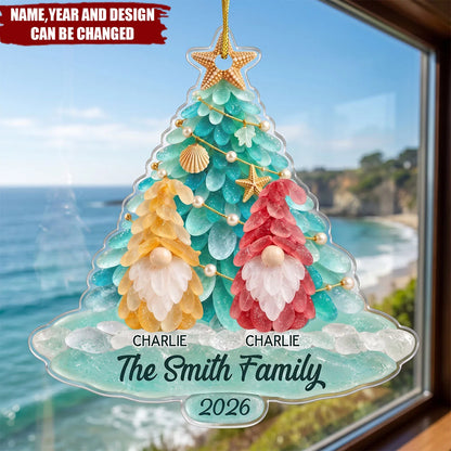 Custom Sea Glass Gnomes Christmas Acrylic Ornament - Coastal Tree Decor for Family