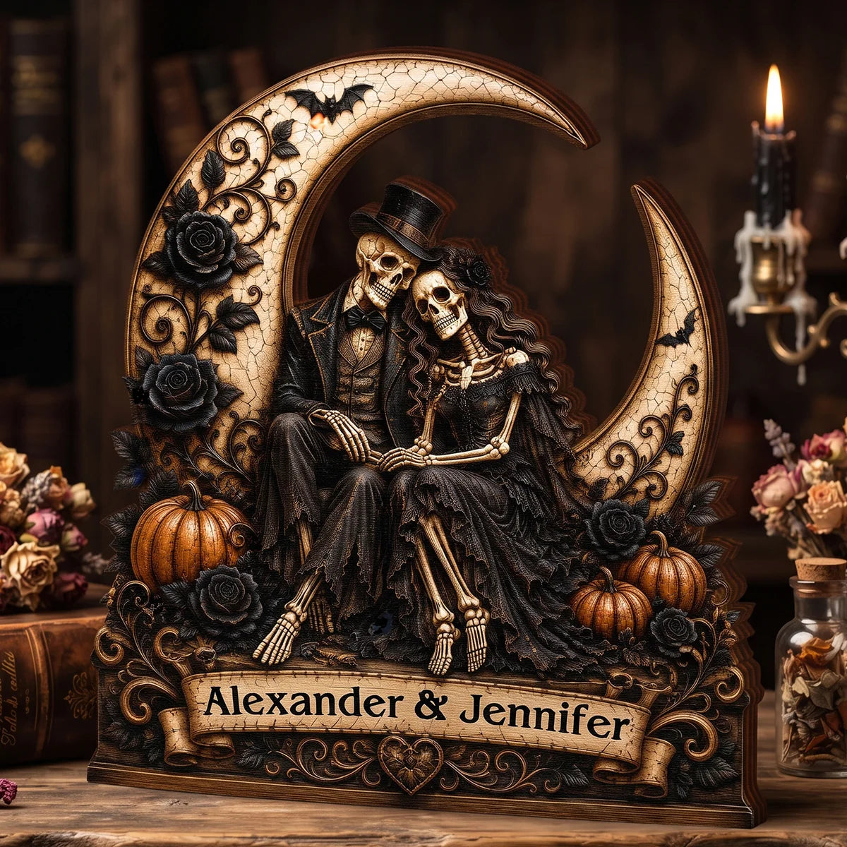 Eternal Skeleton Couple On Moon Personalized Wooden Block - Custom Gothic Halloween Wedding Gift for Couples