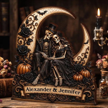 Eternal Skeleton Couple On Moon Personalized Wooden Block - Custom Gothic Halloween Wedding Gift for Couples