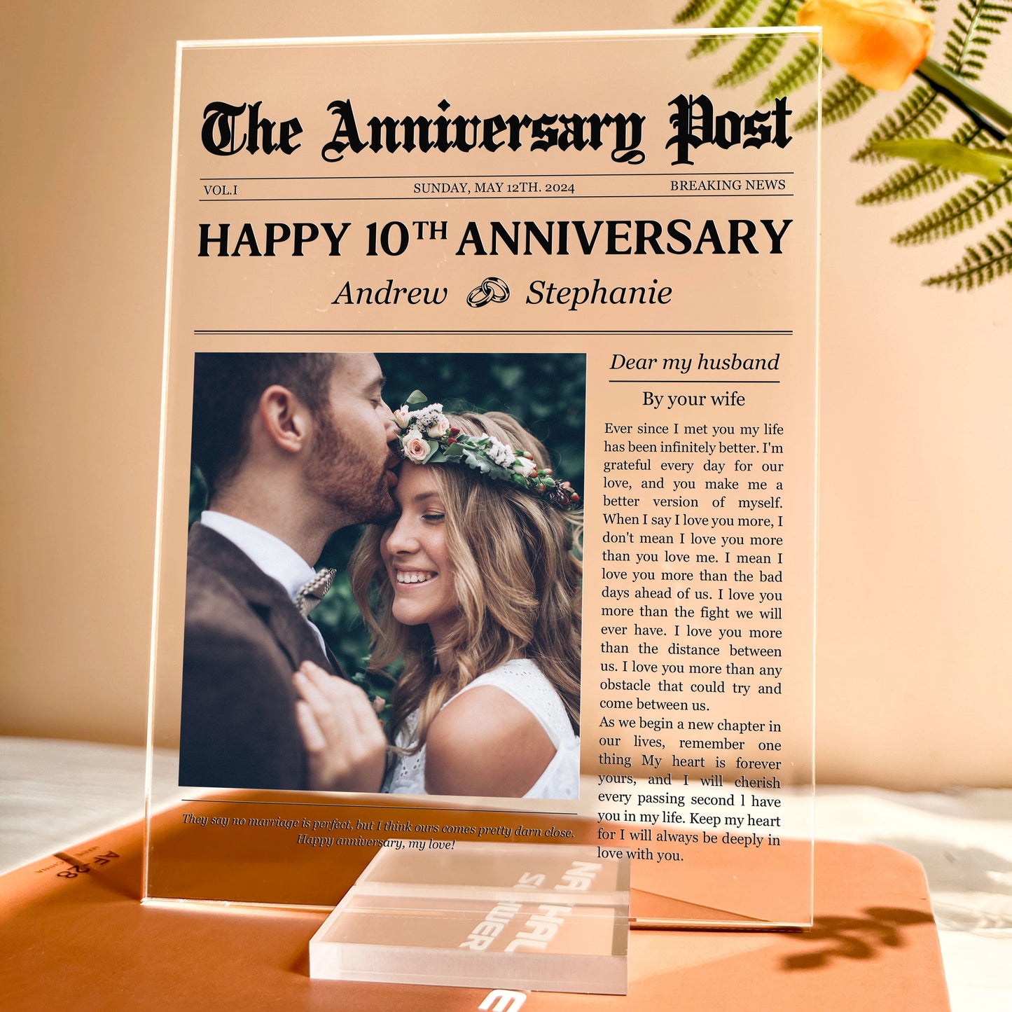 Custom Newspaper Anniversary Plaque for Wife with personalized design details for meaningful gifting image 6