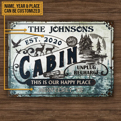 This Is Our Happy Place Personalized Cabin Metal Sign - Custom Family Name Wall Decor