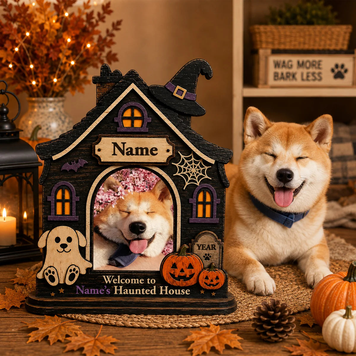 Welcome to Haunted House Personalized Wooden Block - Custom Halloween Dog Photo Gift