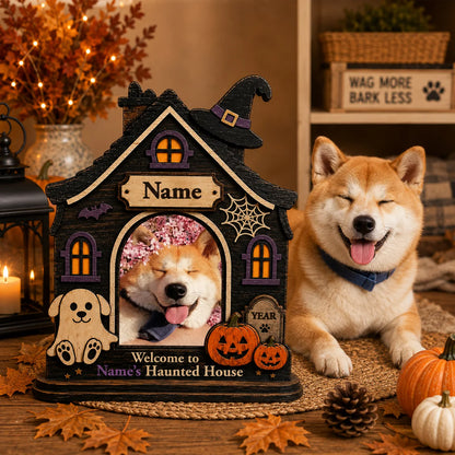Welcome to Haunted House Personalized Wooden Block - Custom Halloween Dog Photo Gift