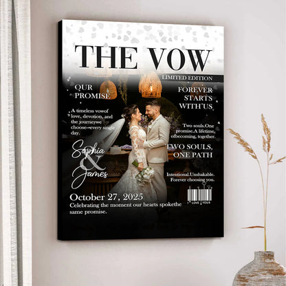 Custom wedding photo canvas print designed as a magazine cover for a personalized couple anniversary gift