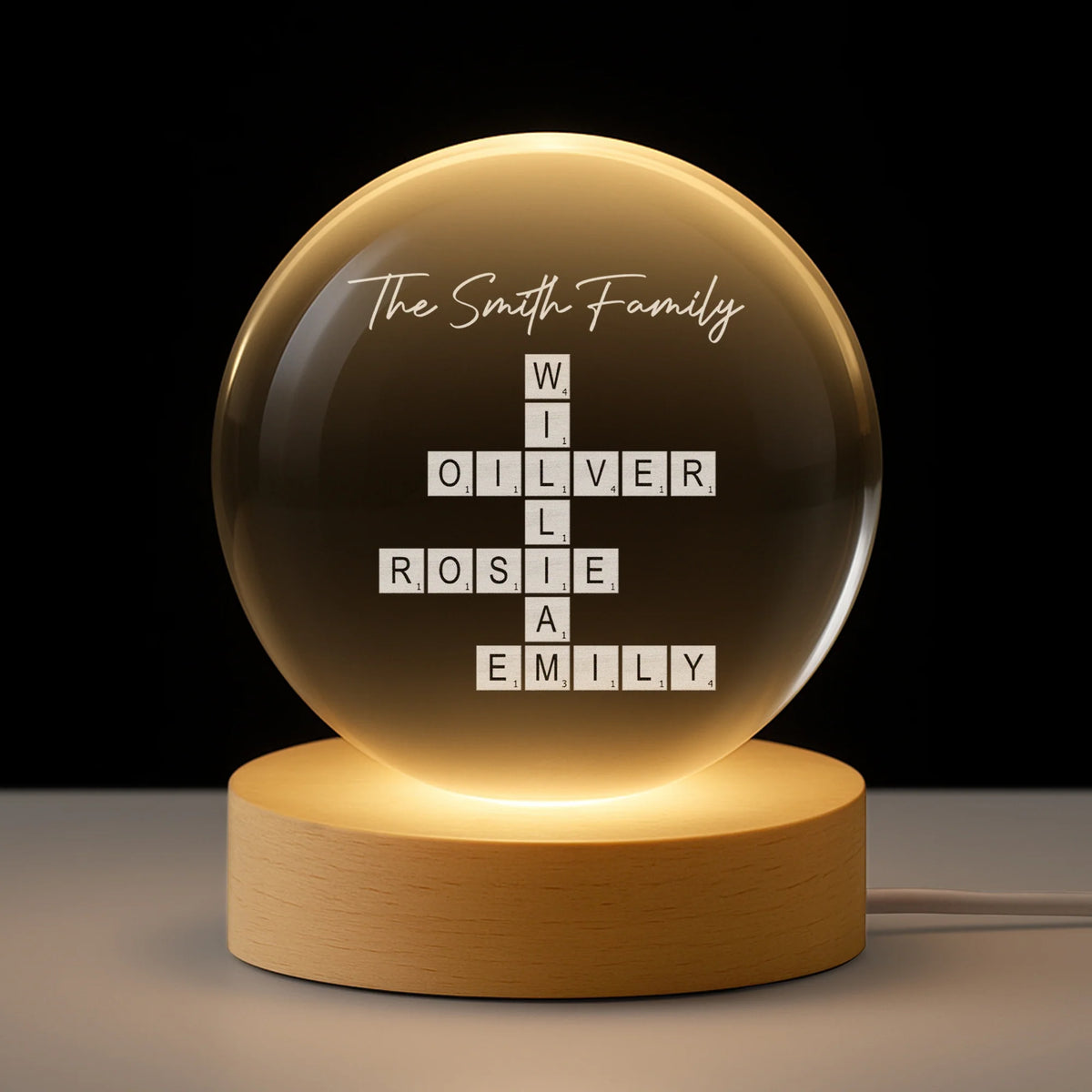 Crossword Family Names Personalized Crystal Ball Lamp - Mom & Dad Keepsake