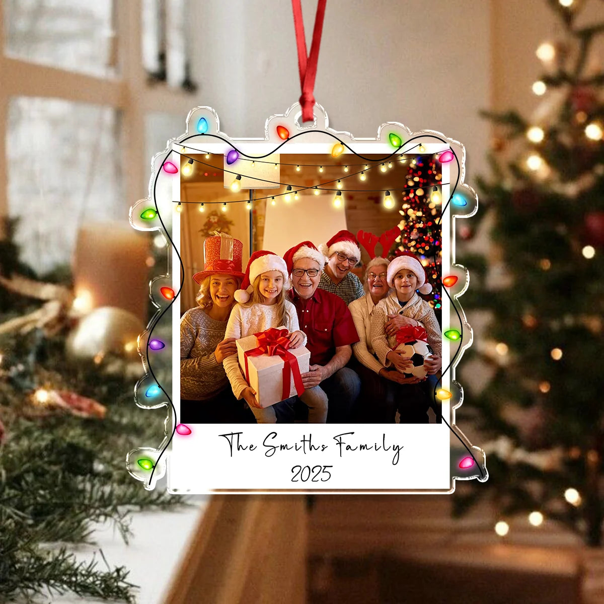 Custom Family Photo Christmas Light Acrylic Ornament - Personalized Holiday Keepsake Gift