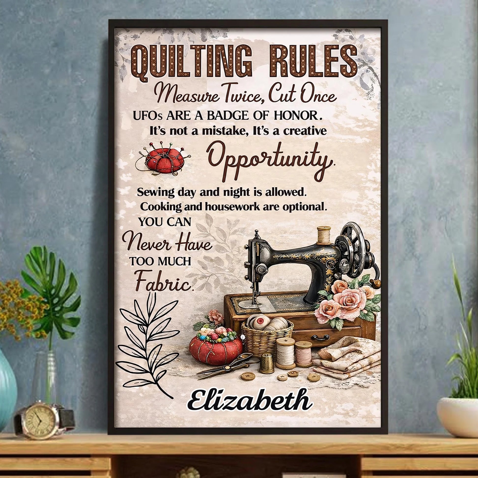 Personalized Quilting Rules vintage sewing machine wall art poster print custom gift for mom and grandma