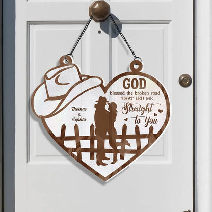 Suncatcher Ornament material and size view - God Blessed The Broken Road Couple Suncatcher