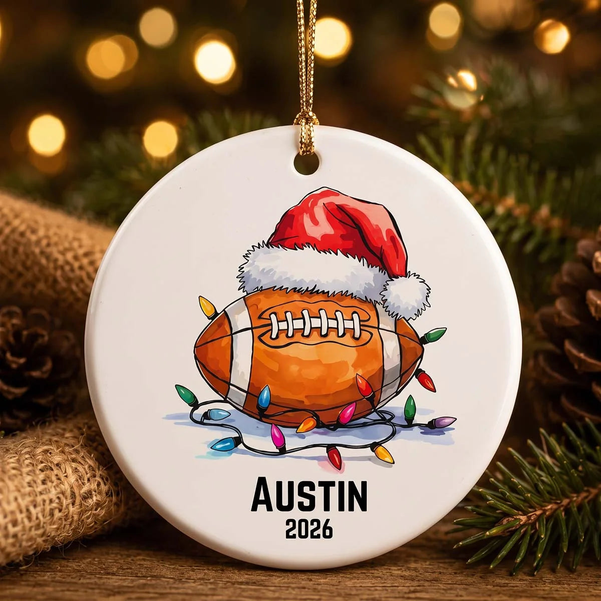Personalized Football Ceramic Christmas Ornament - Custom Name & Year Sports Player Keepsake