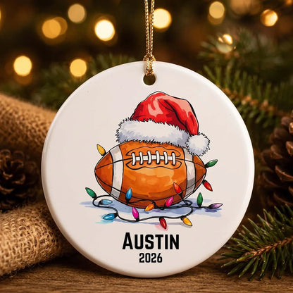 Personalized Football Ceramic Christmas Ornament - Custom Name & Year Sports Player Keepsake