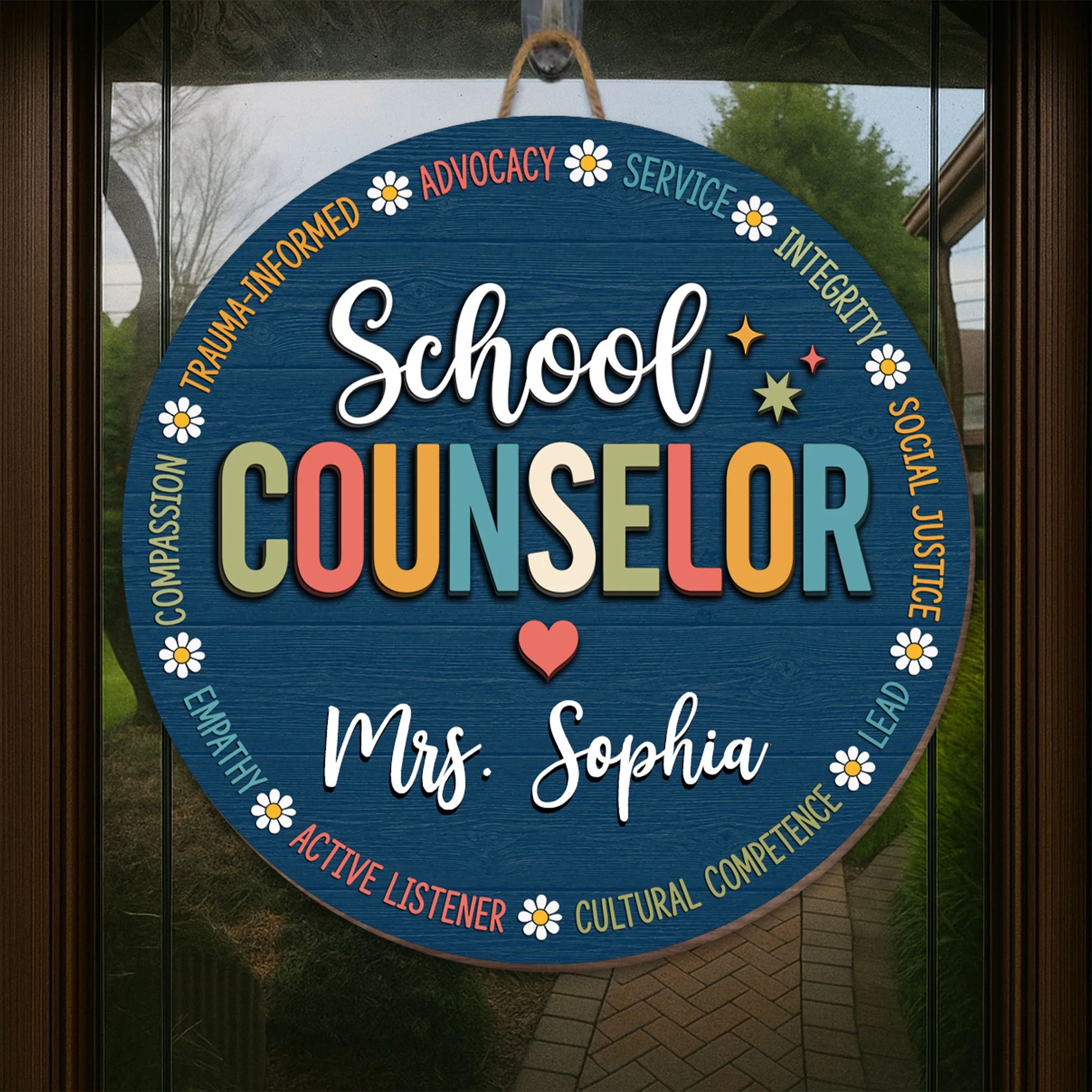 Personalized school counselor wooden sign with daisy flowers and custom name print for office decor image 10