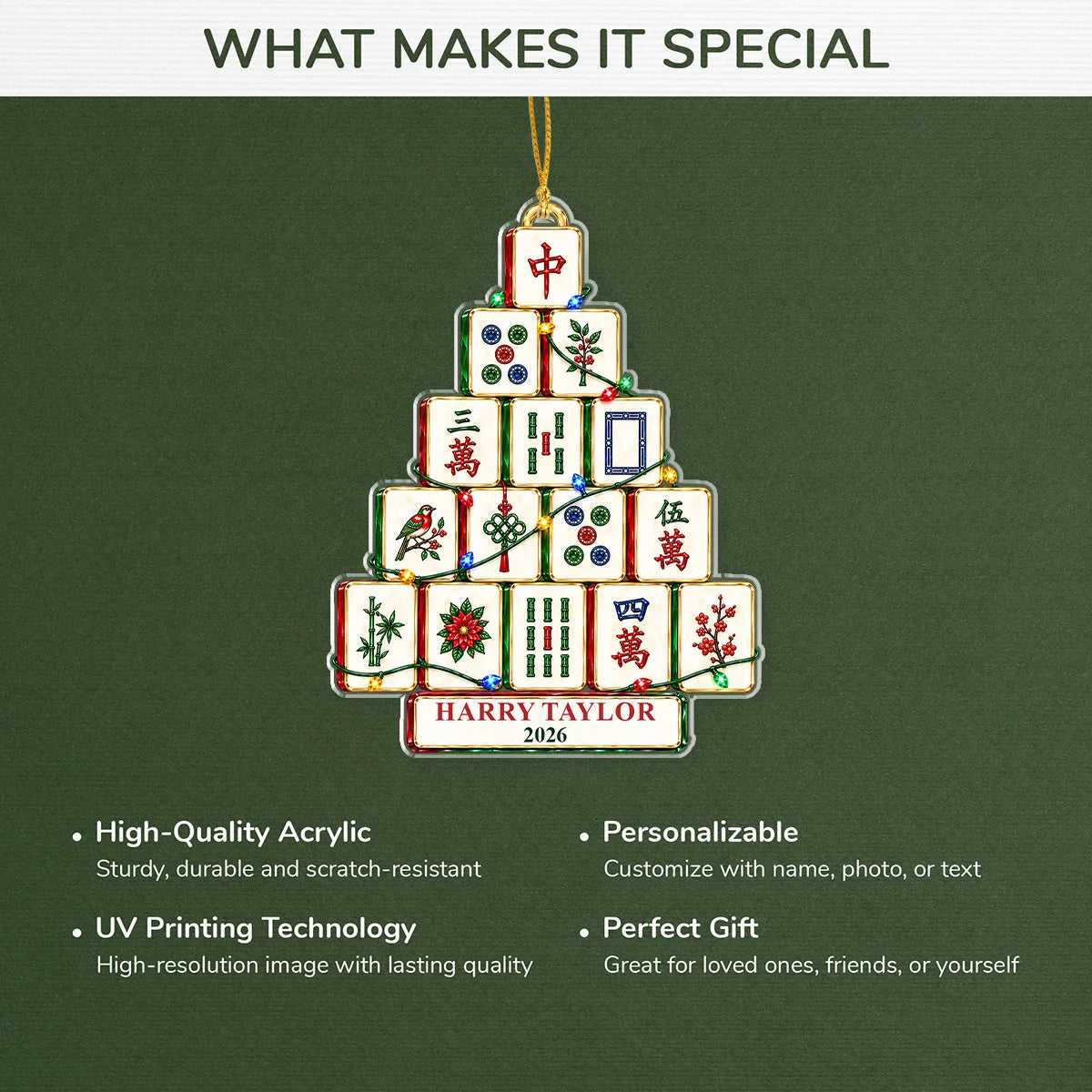 Mahjong Tile Christmas Tree Personalized Acrylic Ornament - Game Lovers Holiday Decor