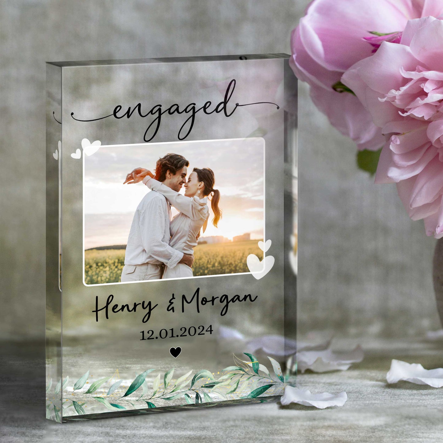 "Engaged" Personalized Photo Acrylic Block Plaque - Custom Couple Gift for Newly Engaged Keepsake