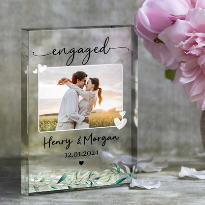 "Engaged" Personalized Photo Acrylic Block Plaque - Custom Couple Gift for Newly Engaged Keepsake