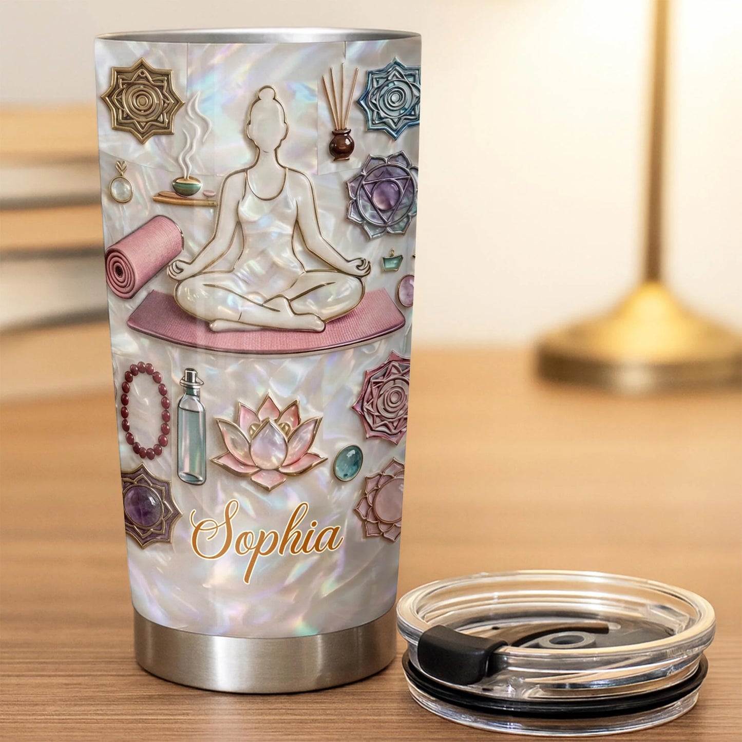 Personalized yoga meditation tumbler with custom name Sophia, faux 3D lotus flower, and mother of pearl design. image 6