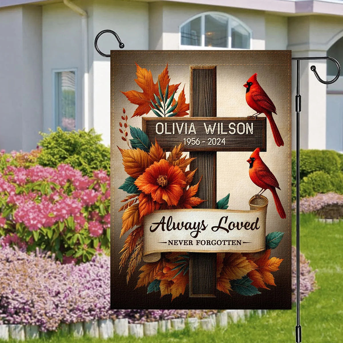 Always Loved Never Forgotten Personalized Garden Flag - Custom Cardinal Memorial Tribute Yard Flag for Family