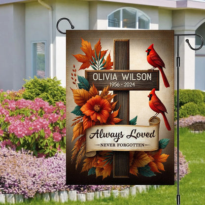Always Loved Never Forgotten Personalized Garden Flag - Custom Cardinal Memorial Tribute Yard Flag for Family