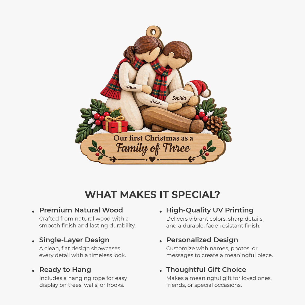 Our First Christmas as a Family of Three - Personalized Wood Ornament Keepsake Gift