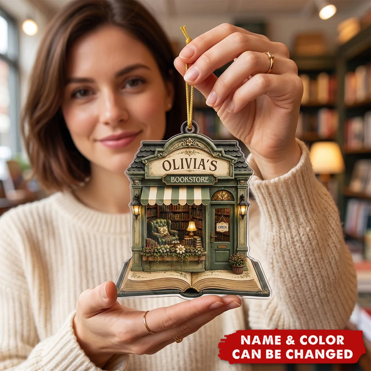 Custom Bookstore Name Acrylic Ornament - Personalized Christmas Tree Gift for Book Lovers