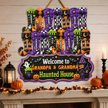 Welcome to Grandpa & Grandma's Haunted House - Personalized Halloween Wood Sign with Custom Witch Boots Decor