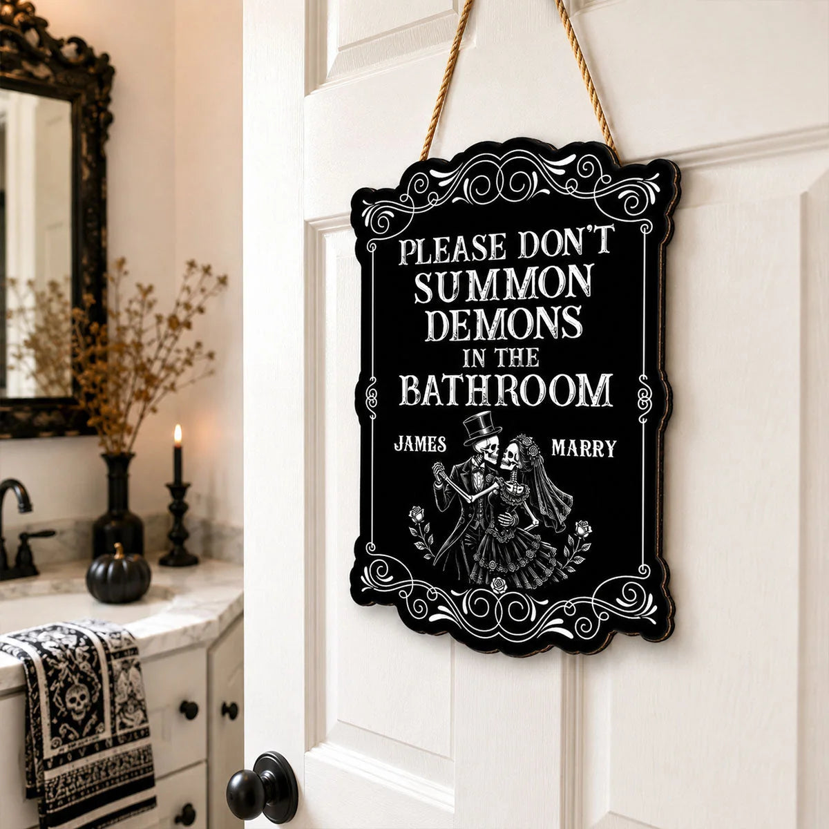 Please Don't Summon Demons In The Bathroom - Personalized Gothic Skeleton Couple Wood Sign for Halloween Decor