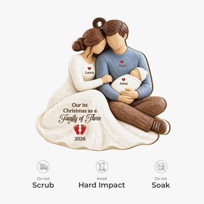 "Our 1st Christmas as a Family of Three" Personalized Wooden Ornament - Keepsake Gift for New Parents & Baby