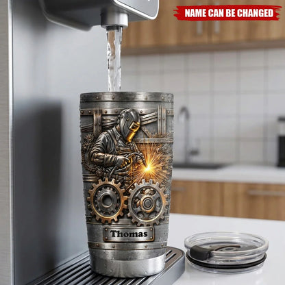 Hardworking Welder Sparks & Gears Personalized Tumbler - Custom Gift for Dad Husband Blue Collar