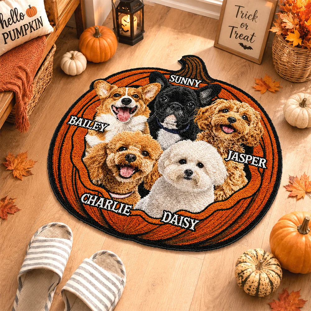 Personalized Dog Cat Halloween Pumpkin Shaped Doormat - Custom Pet Name Accent Mat