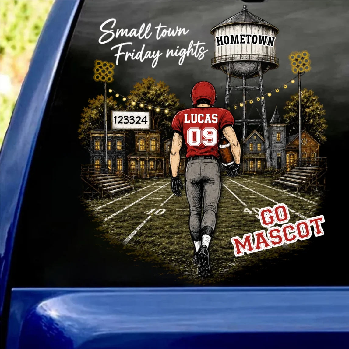 Small Town Friday Nights Personalized Football Mom Car Decal - Custom Name & Jersey Number Sticker