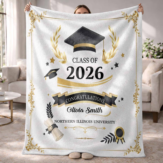 Personalized Graduation Blanket for Daughter/Granddaughter with personalized design details for meaningful gifting