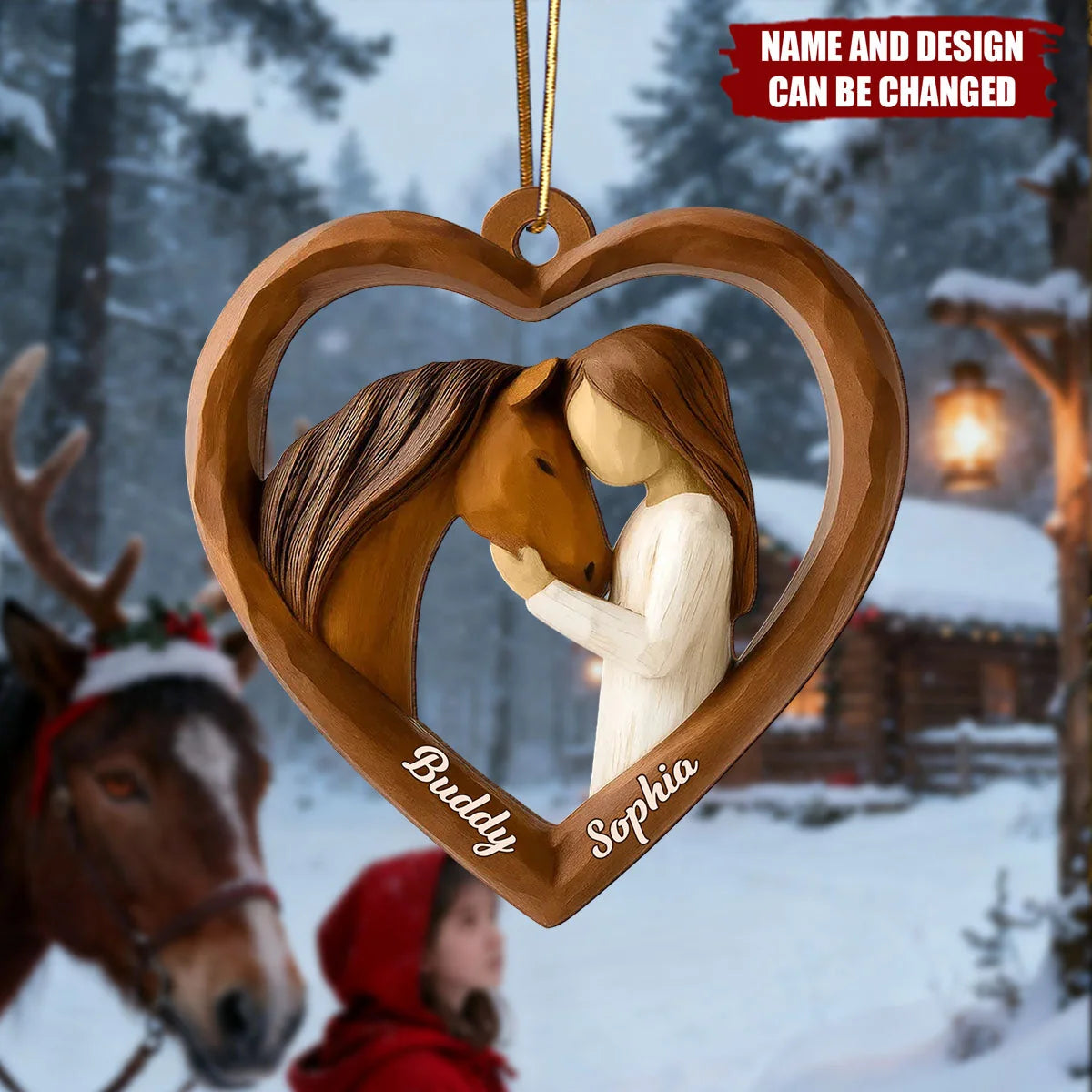 Girl and Her Horse Heart Personalized Wooden Ornament - Christmas Keepsake for Daughter & Horse Lovers