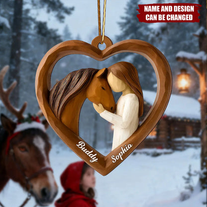 Girl and Her Horse Heart Personalized Wooden Ornament - Christmas Keepsake for Daughter & Horse Lovers
