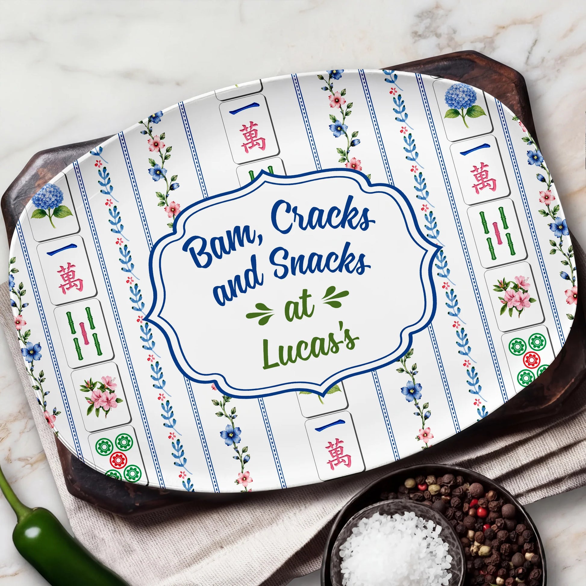 "Bam Cracks and Snacks" Personalized Mahjong Serving Platter - Custom Game Night Serving Tray Gift for Best Friends