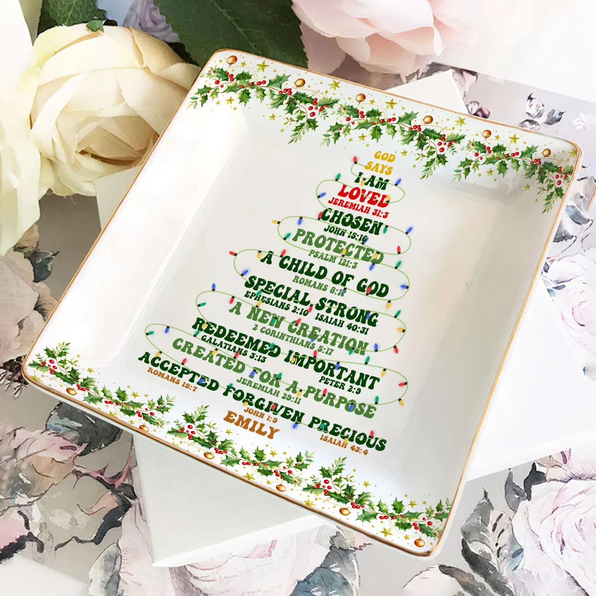 God Says I Am Personalized Ceramic Jewelry Dish - Custom Christian Christmas Trinket Tray