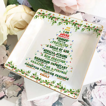 God Says I Am Personalized Ceramic Jewelry Dish - Custom Christian Christmas Trinket Tray