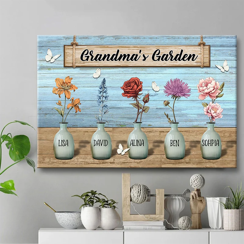 Grandma's Garden Custom Birth Month Flower Canvas / Poster - Personalized Gift for Grandma