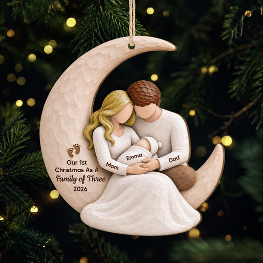 Our 1st Christmas As A Family Moon Personalized Wooden Ornament - New Mom Dad Baby Keepsake Gift