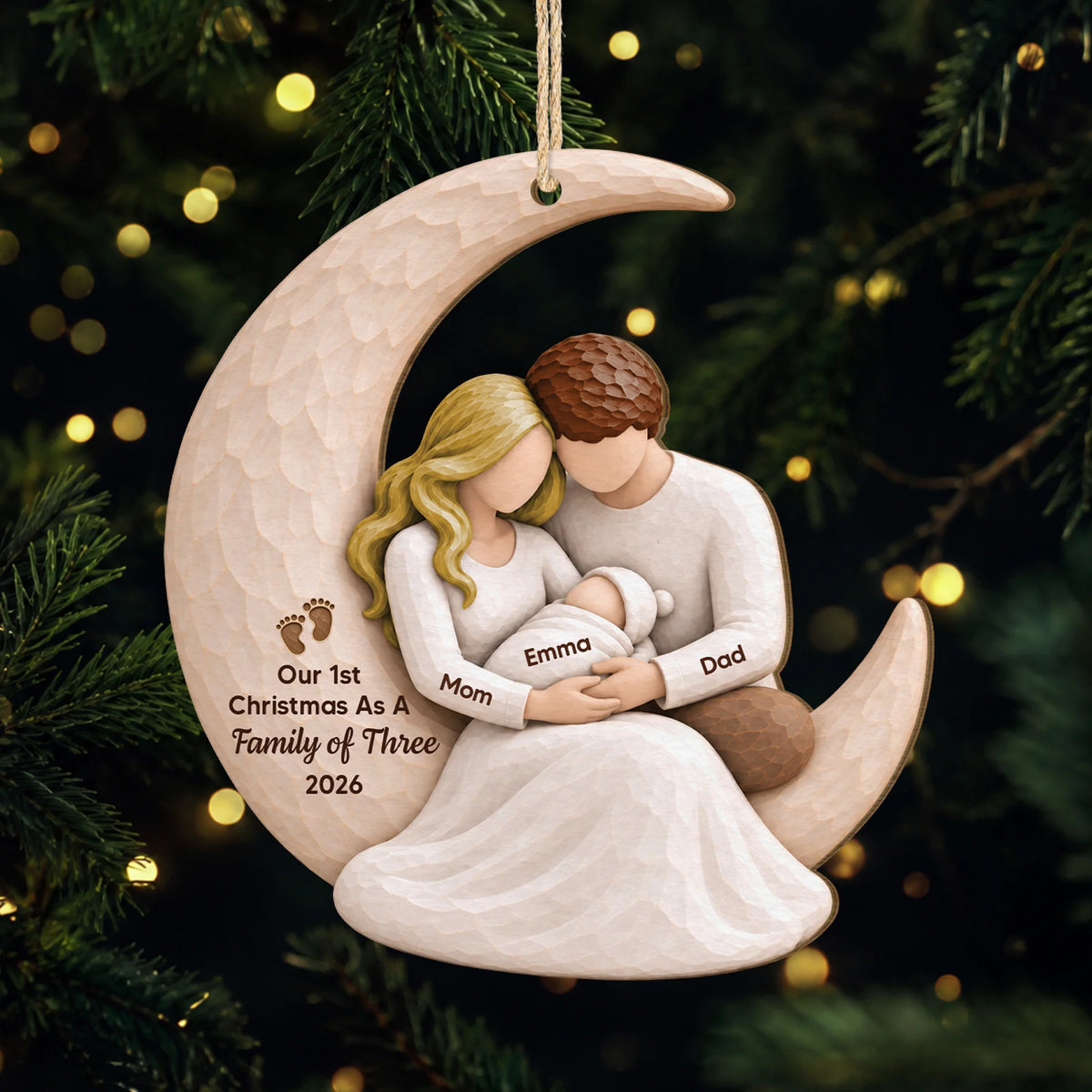 Our 1st Christmas As A Family Moon Personalized Wooden Ornament - New Mom Dad Baby Keepsake Gift
