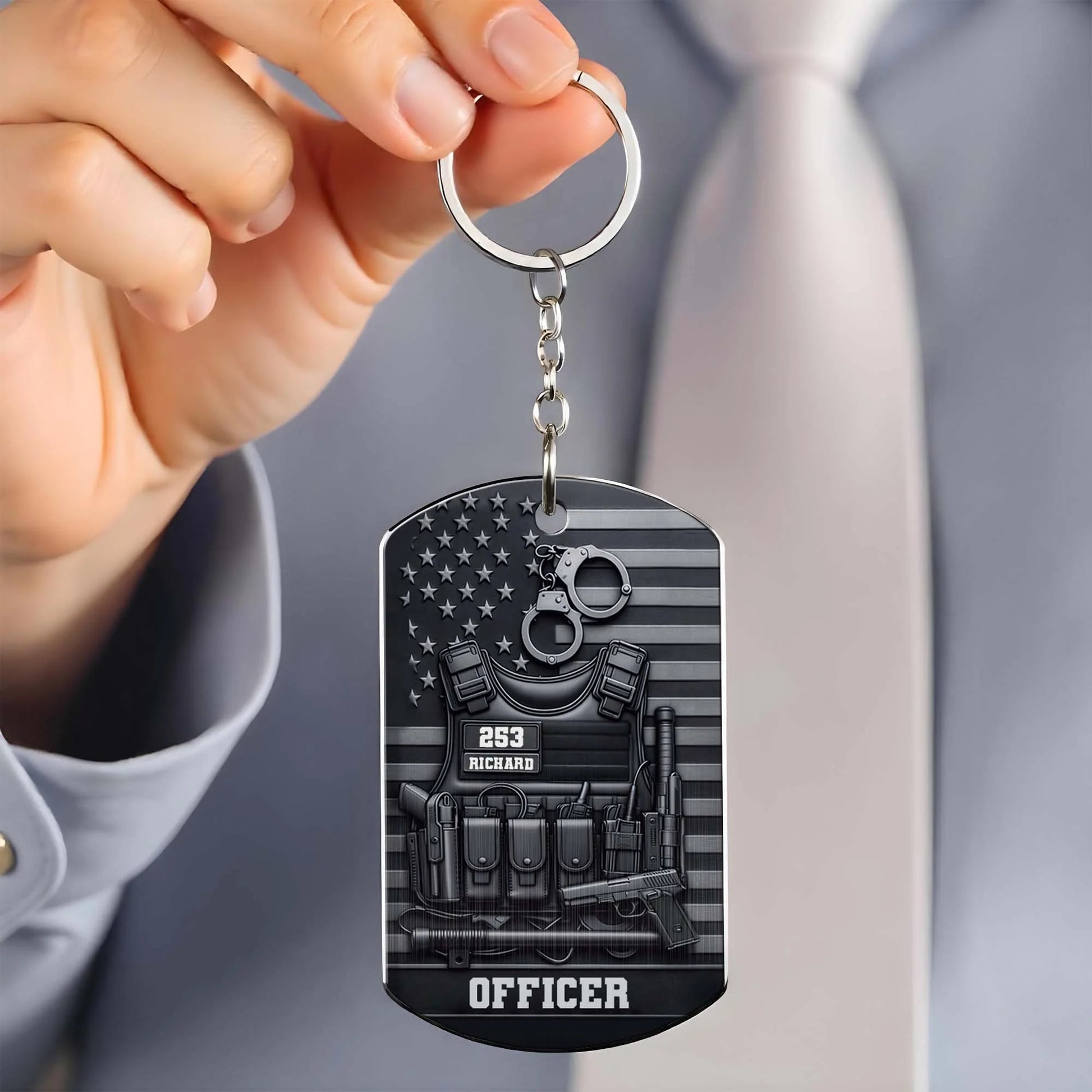 Keychain material and size view - Custom Police Officer Keychain