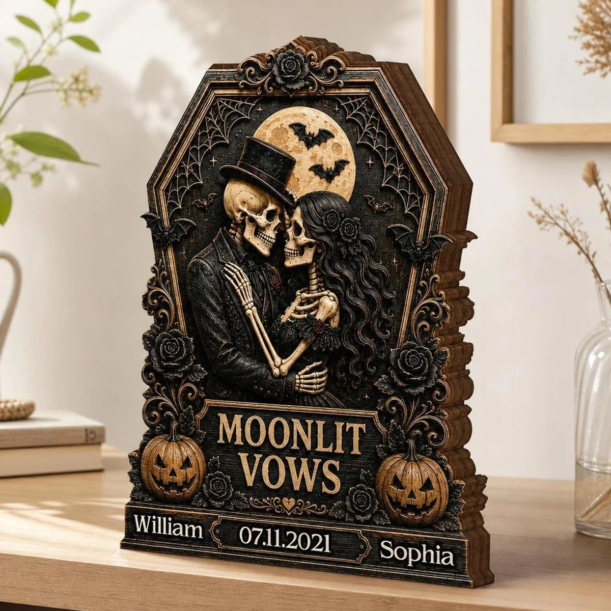 Moonlit Vows Skeleton Couple Personalized Wooden Block - Custom Halloween Wedding Anniversary Gift