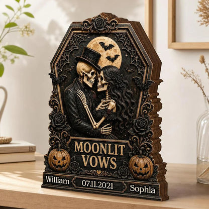 Moonlit Vows Skeleton Couple Personalized Wooden Block - Custom Halloween Wedding Anniversary Gift