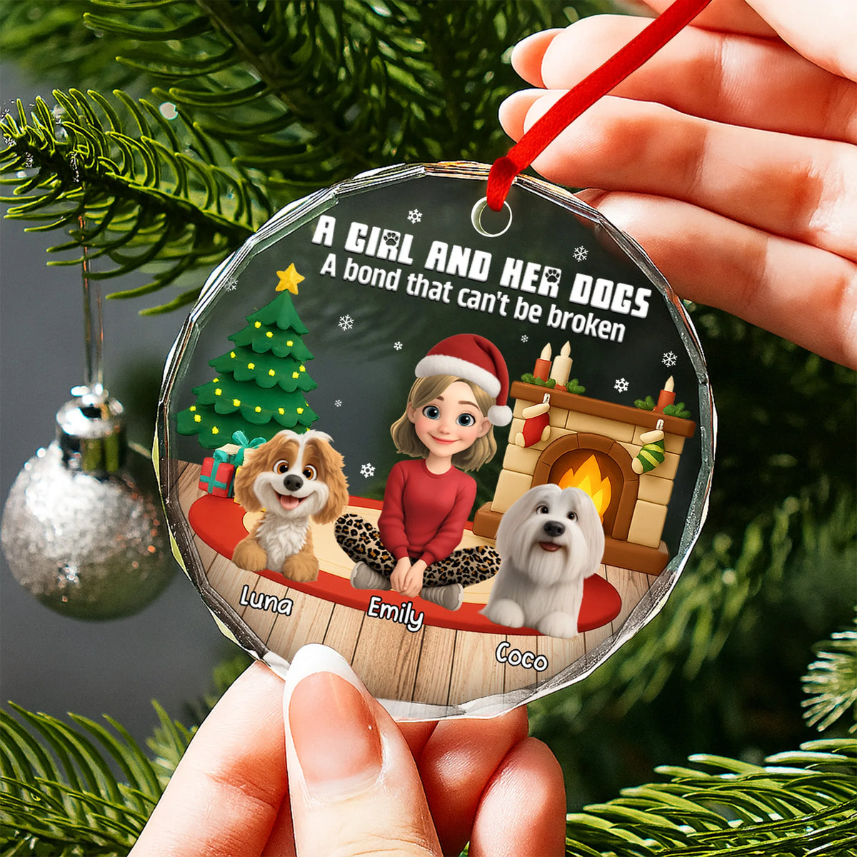 A Girl And Her Dogs Personalized Glass Ornament - Dog Lovers Christmas Tree Keepsake
