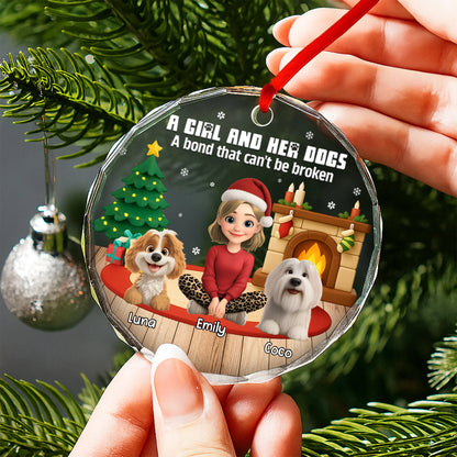 A Girl And Her Dogs Personalized Glass Ornament - Dog Lovers Christmas Tree Keepsake