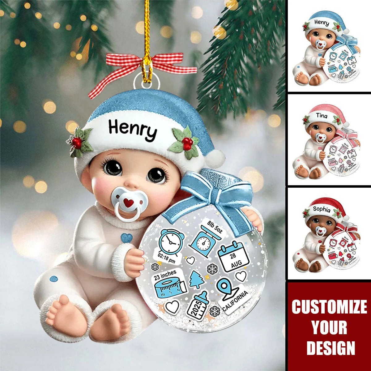 Baby’s First Christmas Personalized Birth Stats Acrylic Ornament - Custom Gift for New Mom