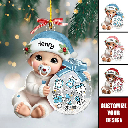 Baby’s First Christmas Personalized Birth Stats Acrylic Ornament - Custom Gift for New Mom