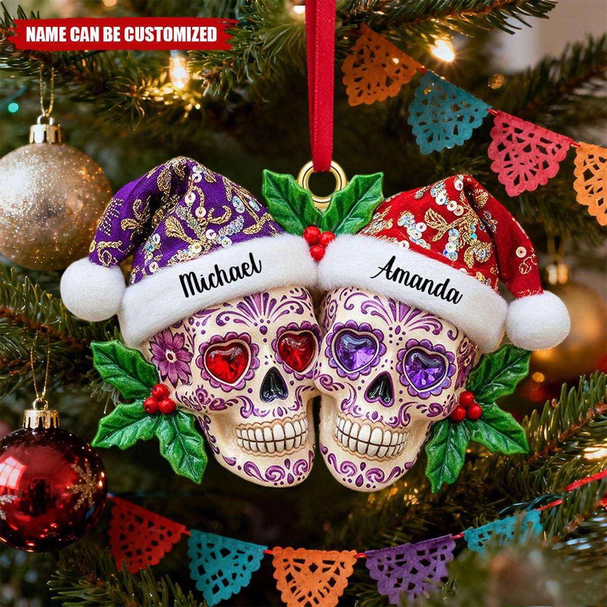 Dia de Los Muertos Skull Couple Personalized Wooden Ornament - Christmas Gift for Couples