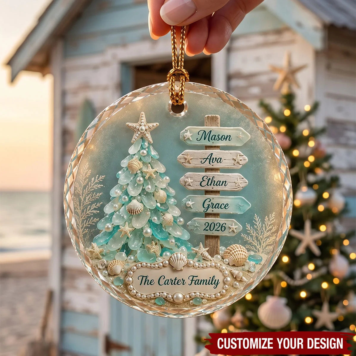 Personalized Sea Glass Christmas Tree Ornament - Custom Family Name Signpost Gift